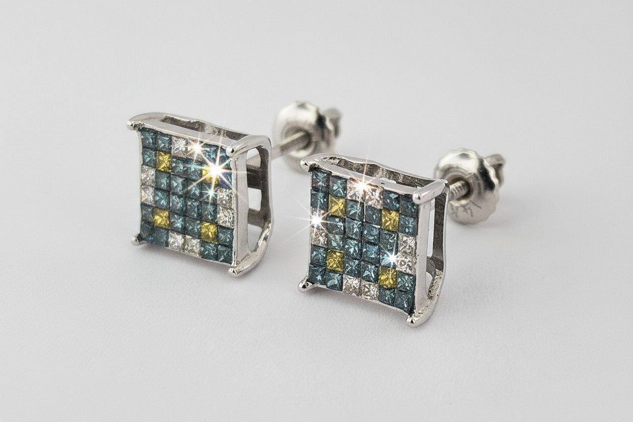 14 k White Gold  Princess Cut Blue White, Yellow 1.04 ctw 1.5 dwt screw back Earrings