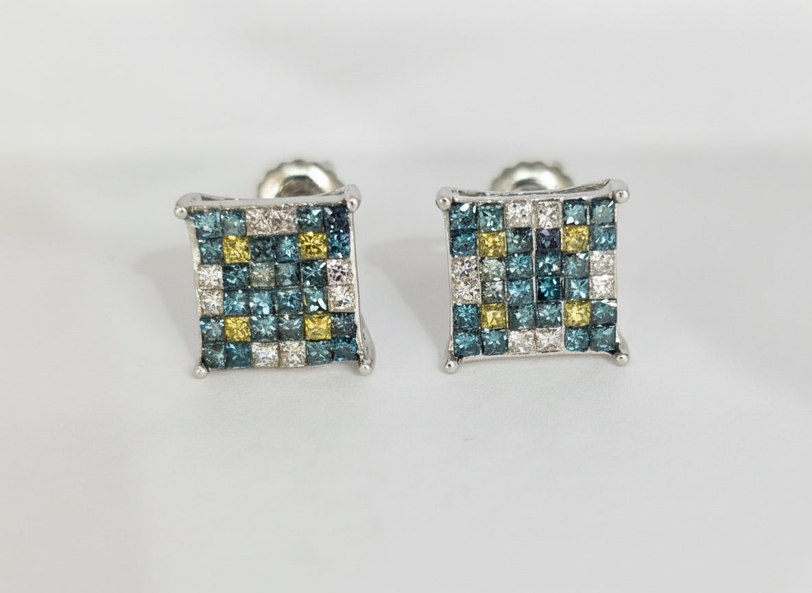 14 k White Gold  Princess Cut Blue White, Yellow 1.04 ctw 1.5 dwt screw back Earrings