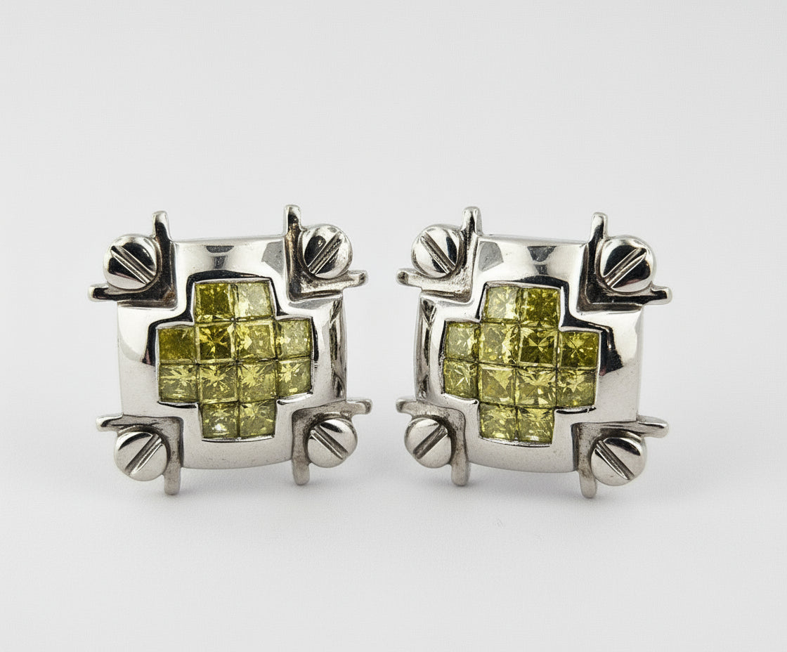 14k White Gold Yellow Diamond Screw Back Earrings 1.20 ctw