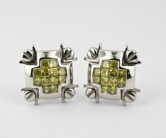 14k White Gold Yellow Diamond Screw Back Earrings 1.20 ctw