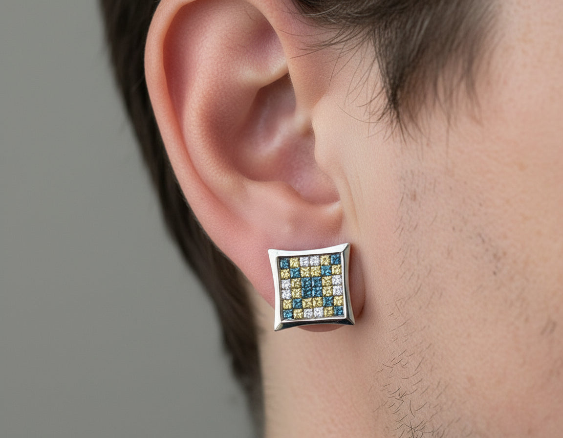 14k White Gold  / Yellow Gold Blue, White, Yellow Diamonds 1.00ctw Earrings  2.6 dwt