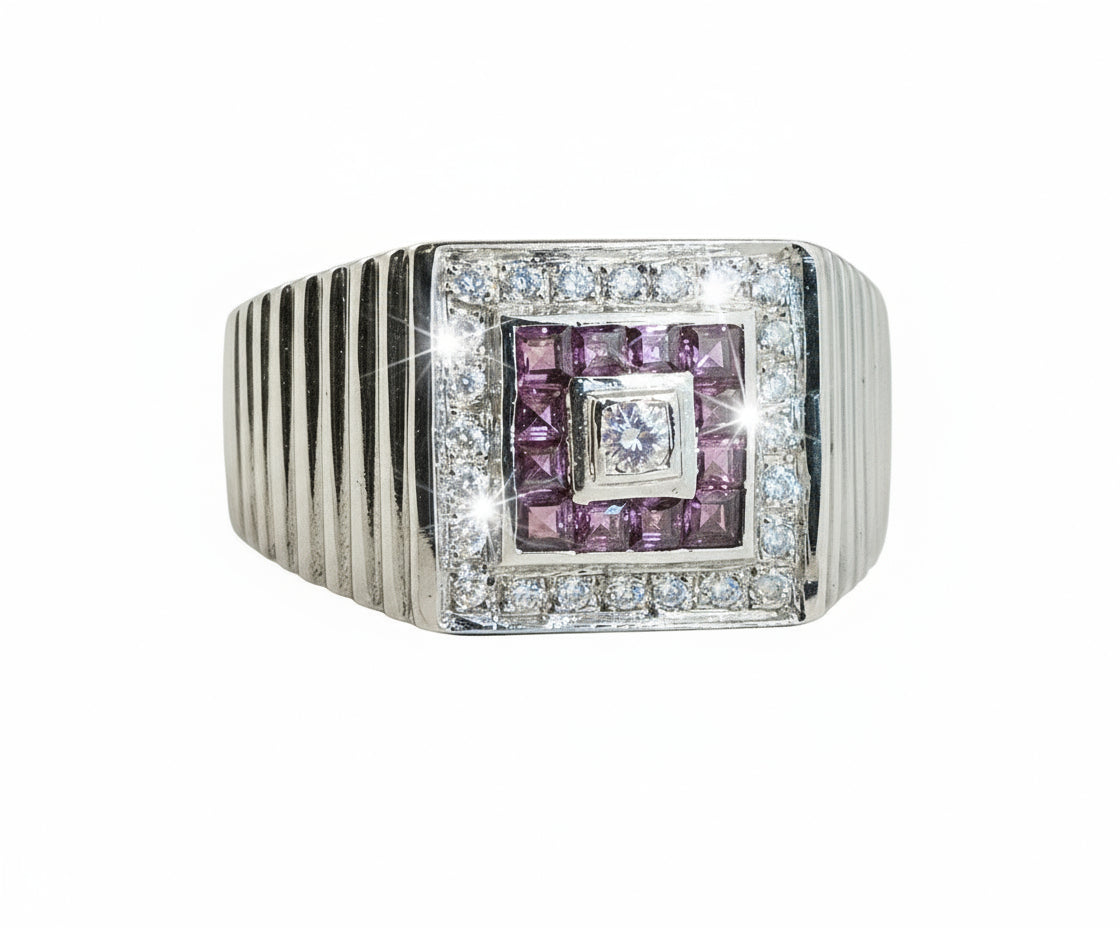 14K White Gold  Natural Ruby & Natural Diamond Mens Ring