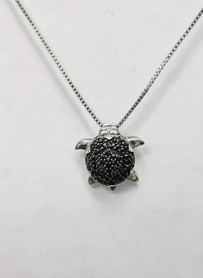 Sterling Silver and Black Diamond Turtle pendant with sterling silver box chain