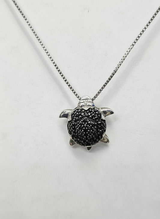 Sterling Silver and Black Diamond Turtle pendant with sterling silver box chain