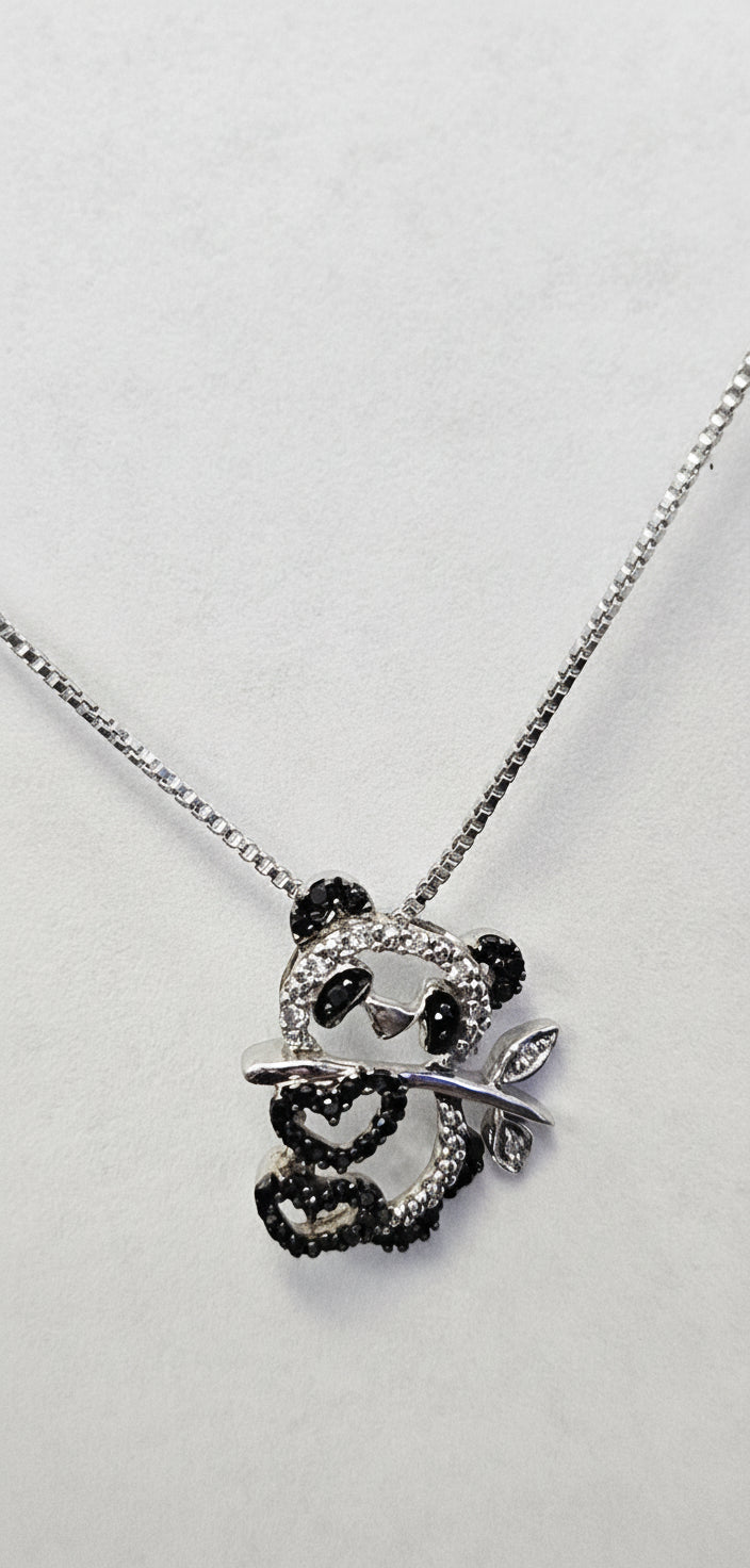 Sterling Silver and Black Diamonds Panda Pendant with silver box chain