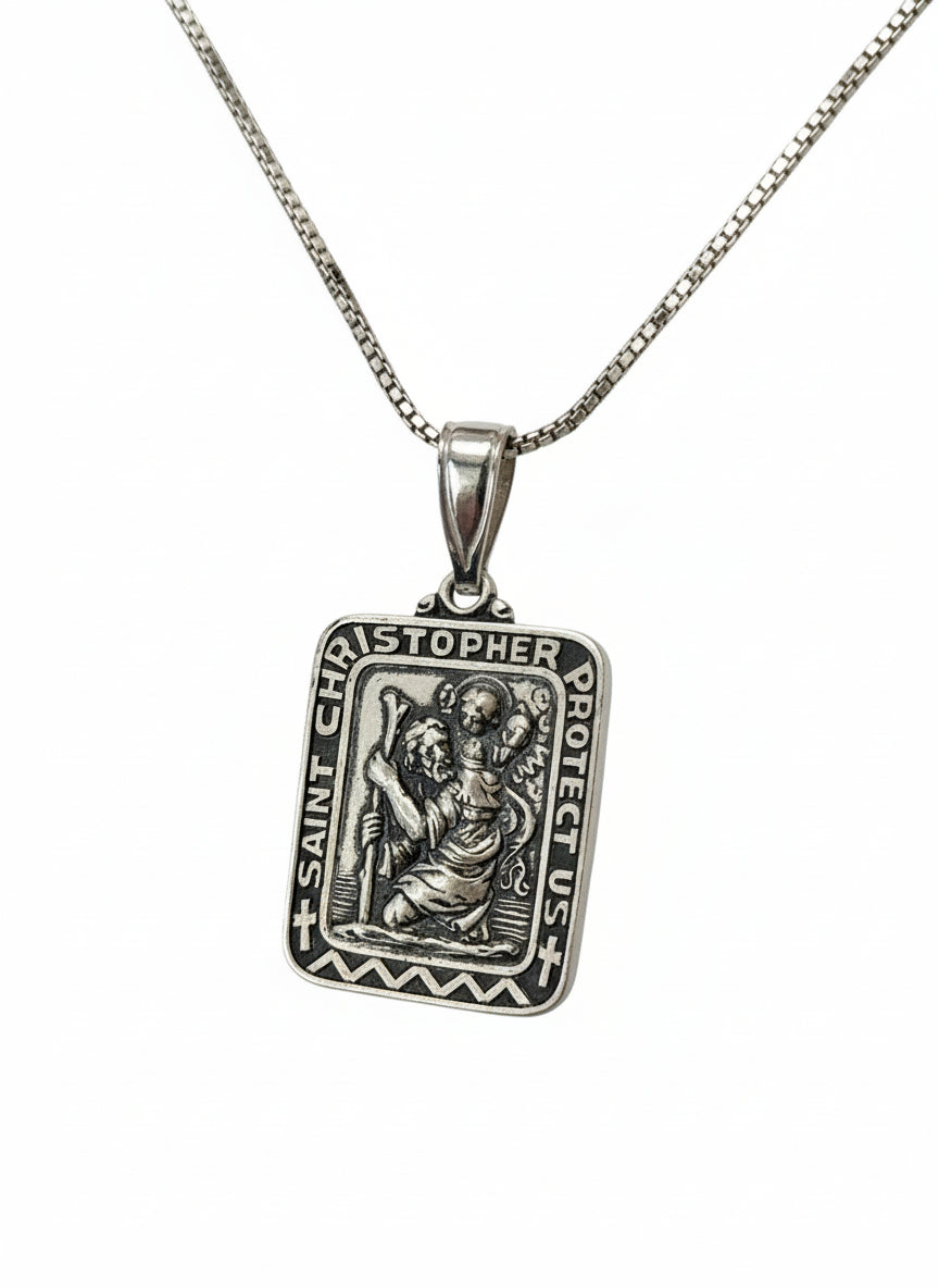 Sterling Silver Saint Christopher Pendant with Silver 18 inch box chain
