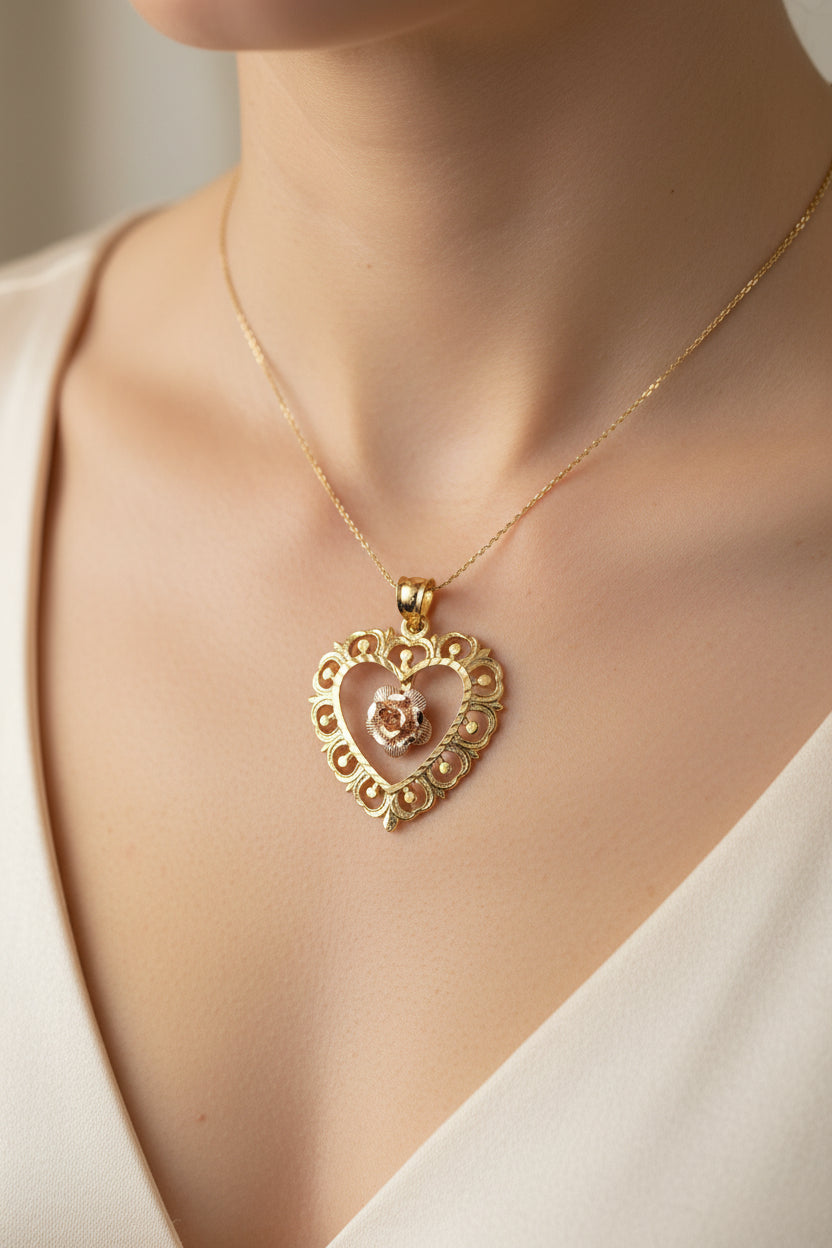 14k Yellow Gold heart Pendant with rose gold rose 1.3 dwt