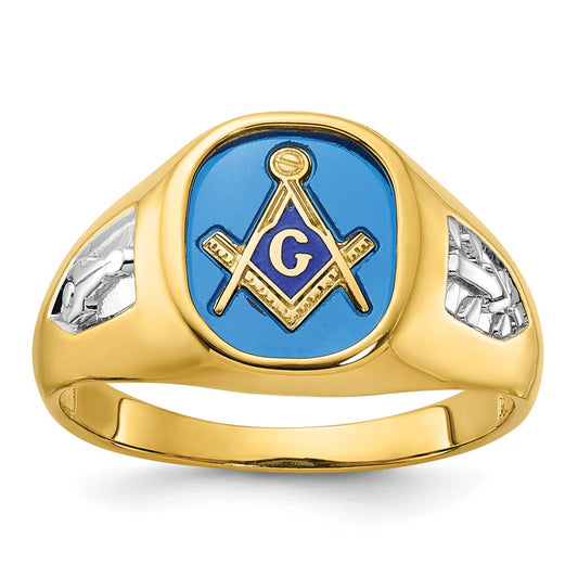 14k with White Rhodium Men's Polished and Textured with Lab Created Sapphire Blue Lodge Master Masonic Ring