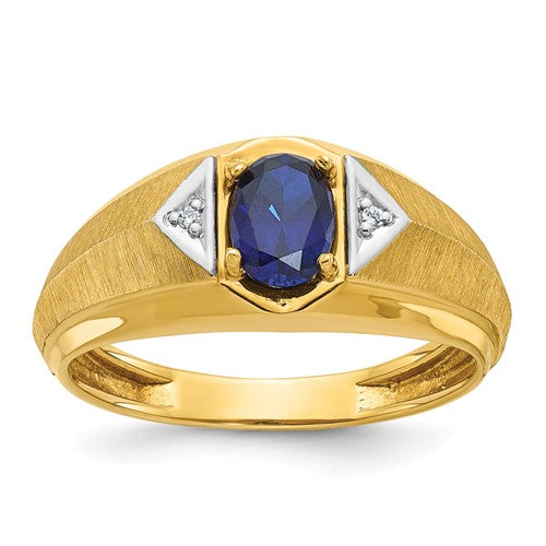 14k Men's Created Sapphire and Diamond Satin Complete Ring