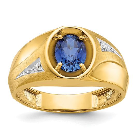 14k Men's Created Sapphire and Diamond Satin Complete Ring