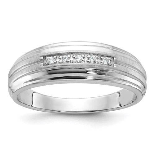 14k White Gold Men's Polished Satin and Grooved 5-Stone 1/20 Carat AA Quality Diamond Ring