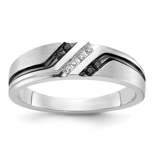 14k White Gold with Black Rhodium Men's Polished Satin and Grooved 1/8 Carat AA Quality Black and White Diamond Ring