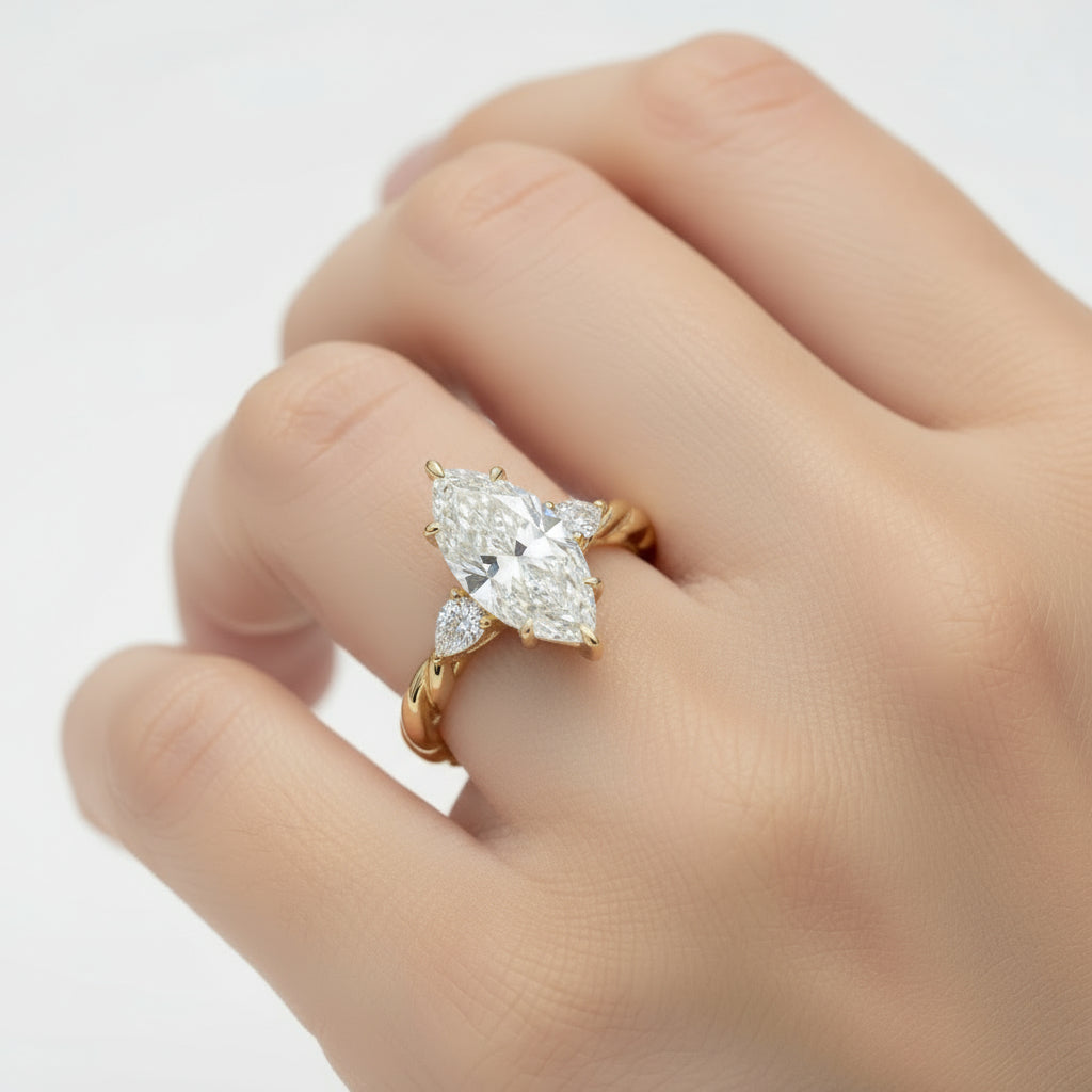 14k Yellow Gold 1.5 carat Lab Created Marquise F VS1 Engagement ring with Pear Shape Side Diamonds