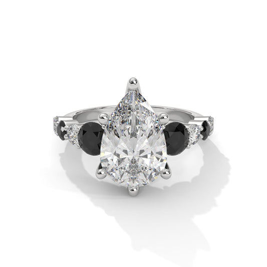 14k White Gold 3 carat Pear Shape Diamond Engagement Ring with Black / White Diamond Setting
