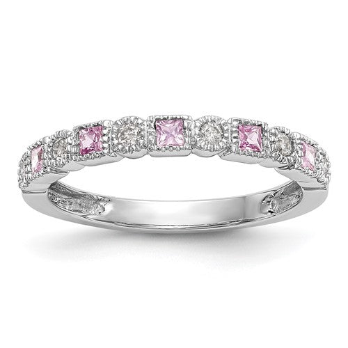 14k White Gold 1/10 carat Diamond and Pink Sapphire Complete Band