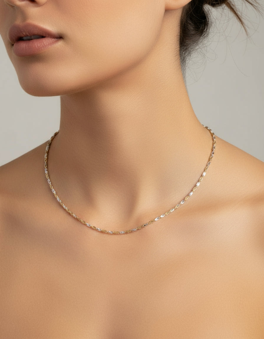 Ladies Italian Sterling Silver 36" long White/Gold Rhodium Plated Necklace