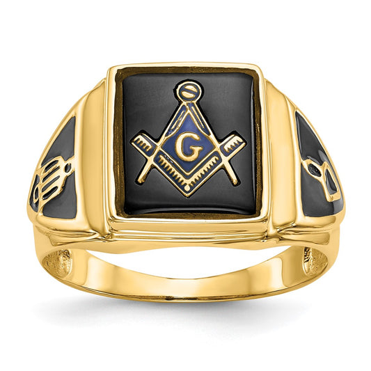14k Men's Polished, Antiqued & Textured Onyx Masonic Ring