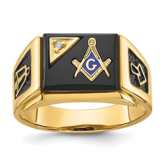 14k Men's Polished and Textured with Black Enamel, Onyx and AA Quality Diamond Masonic Ring