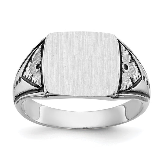 14k White Gold 11.5x11.0mm Closed Back Antiqued Mens Signet Ring