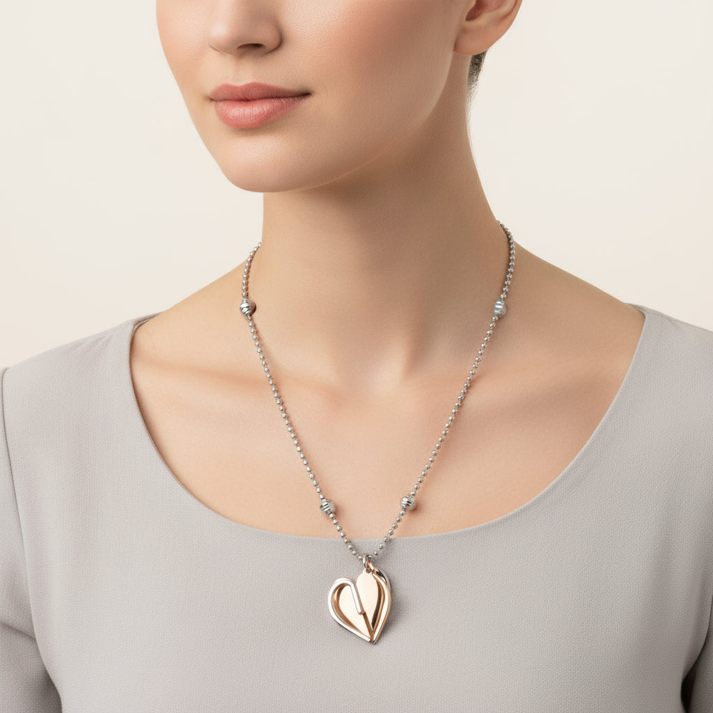 Ladies Italian Sterling Silver Rhodium  Plated 34 " Necklace with 3d Heart Pendant