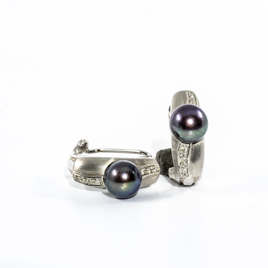 14Kt White Gold Diamond & Black Pearl Earrings