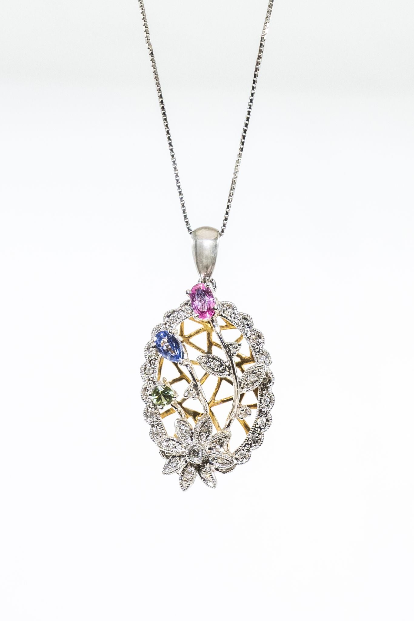 14kt Gold Diamond Pendant with color stones and 14kt White Gold necklace