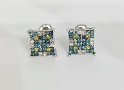 14 k White Gold  Princess Cut Blue White, Yellow 1.04 ctw 1.5 dwt screw back Earrings