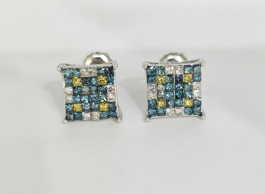 14 k White Gold  Princess Cut Blue White, Yellow 1.04 ctw 1.5 dwt screw back Earrings