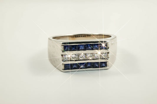 14k White Gold Sapphire and Natural Diamond Men's ring .66 ctw 9.3 dwt