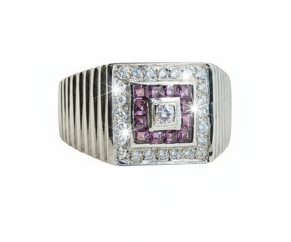 14K White Gold  Natural Ruby & Natural Diamond Mens Ring