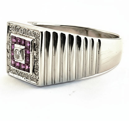 14K White Gold  Natural Ruby & Natural Diamond Mens Ring