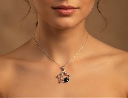 14k White Gold Onyx / Pink & White Diamond Pendant & 14k wg cable chain