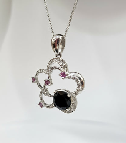 14k White Gold Onyx / Pink & White Diamond Pendant & 14k wg cable chain
