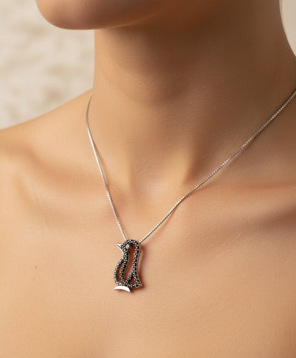 Sterling Silver Black Diamond Pendant with Silver Box Chain