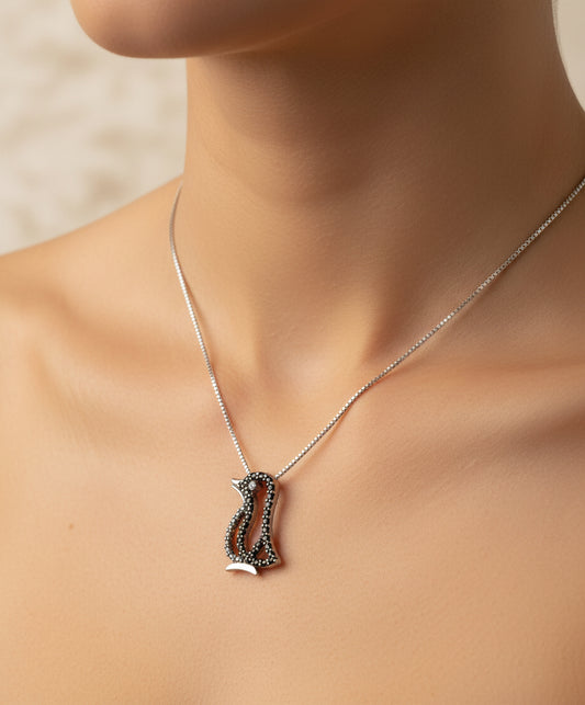 Sterling Silver Black Diamond Pendant with Silver Box Chain