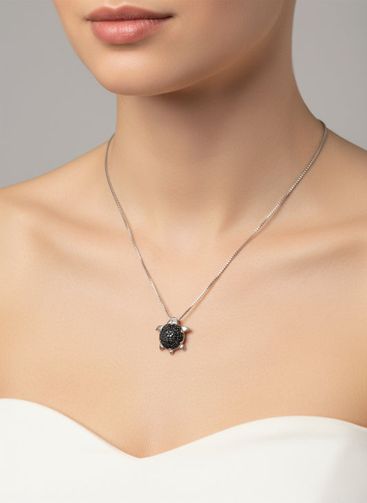 Sterling Silver and Black Diamond Turtle pendant with sterling silver box chain