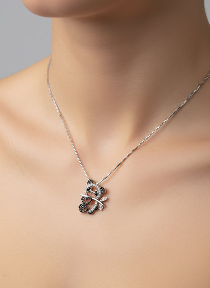 Sterling Silver and Black Diamonds Panda Pendant with silver box chain