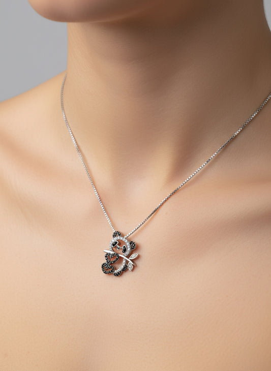 Sterling Silver and Black Diamonds Panda Pendant with silver box chain
