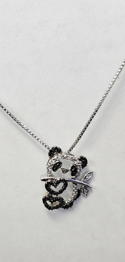 Sterling Silver and Black Diamonds Panda Pendant with silver box chain