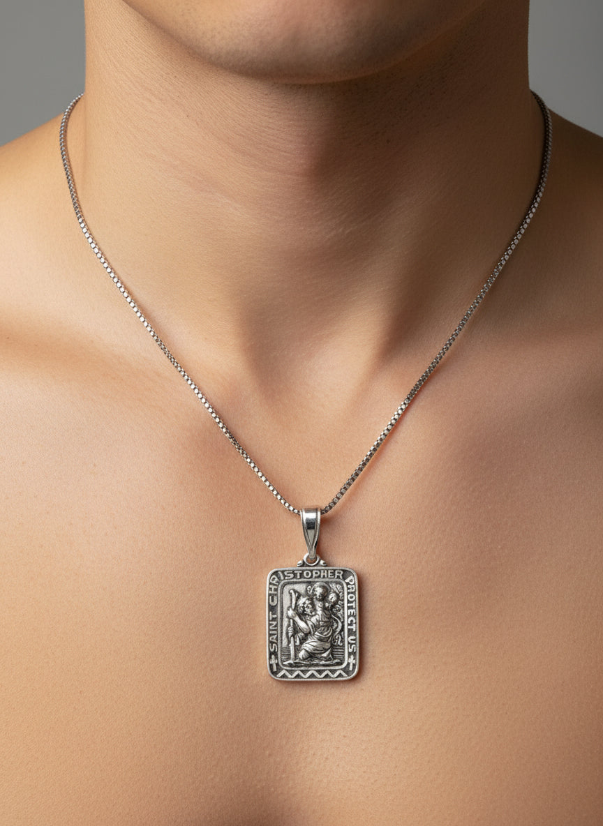 Sterling Silver Saint Christopher Pendant with Silver 18 inch box chain