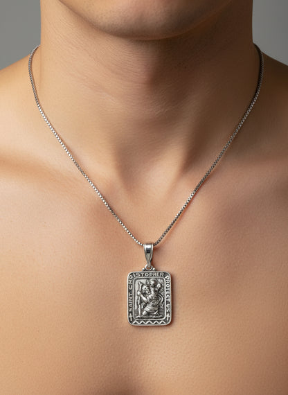 Sterling Silver Saint Christopher Pendant with Silver 18 inch box chain