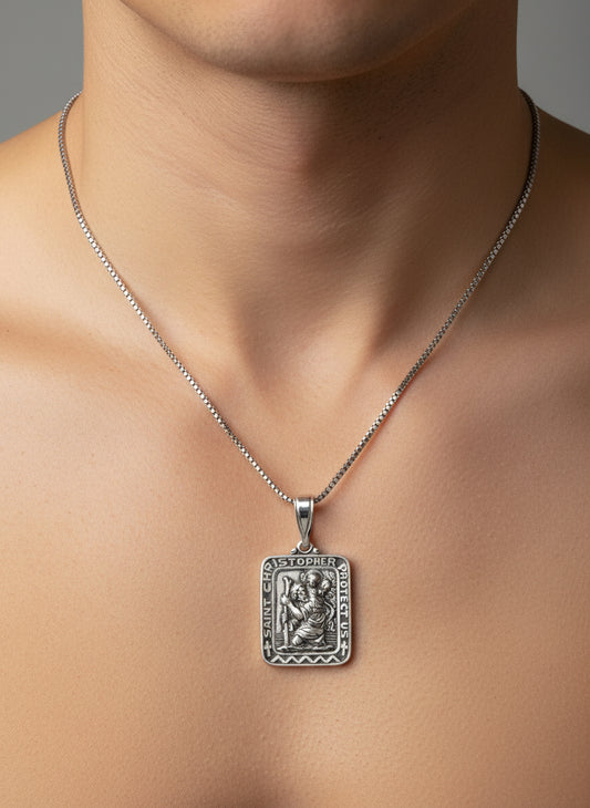 Sterling Silver Saint Christopher Pendant with Silver 18 inch box chain