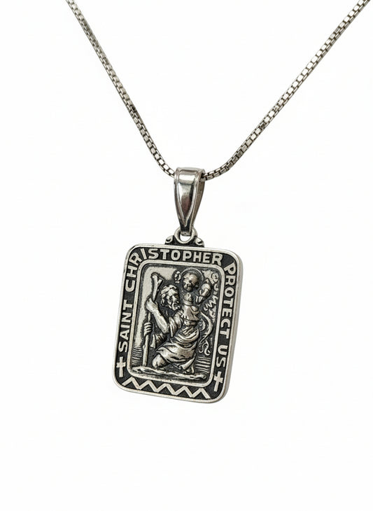 Sterling Silver Saint Christopher Pendant with Silver 18 inch box chain