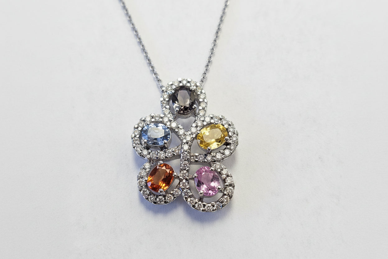 14k White Gold Gem Stones and Diamond Pendant