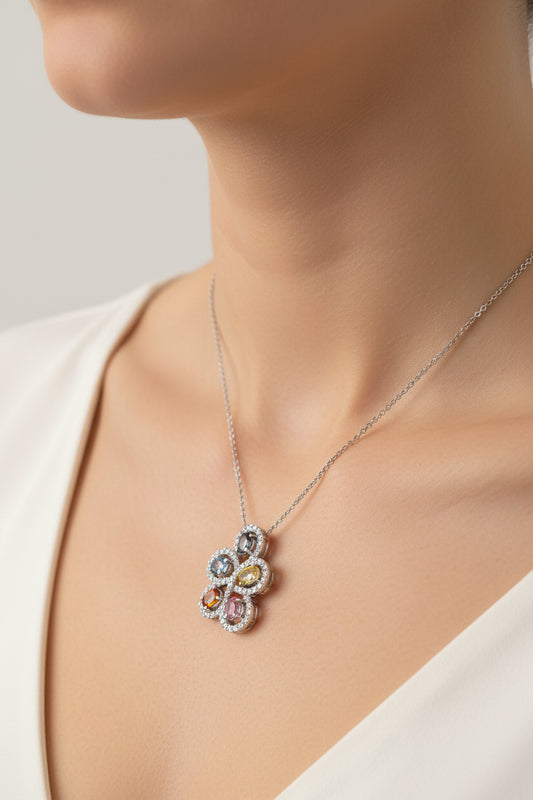 14k White Gold Gem Stones and Diamond Pendant