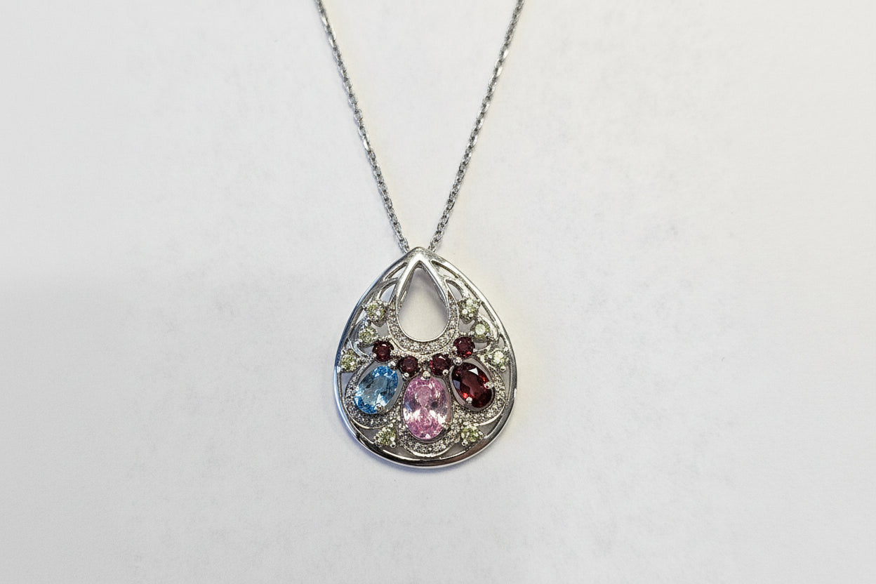 14k White Gold Dia. .05 ct and Gem Stones  Pendant