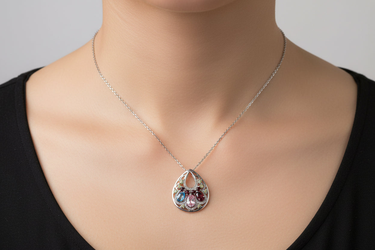 14k White Gold Dia. .05 ct and Gem Stones  Pendant