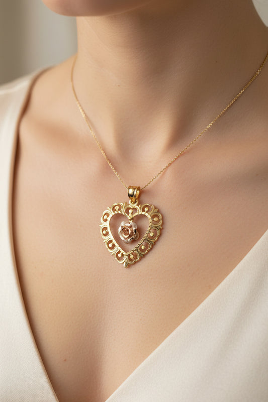 14k Yellow Gold heart Pendant with rose gold rose 1.3 dwt
