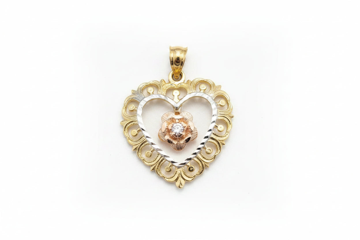 14k Yellow Gold heart Pendant with rose gold rose 1.3 dwt