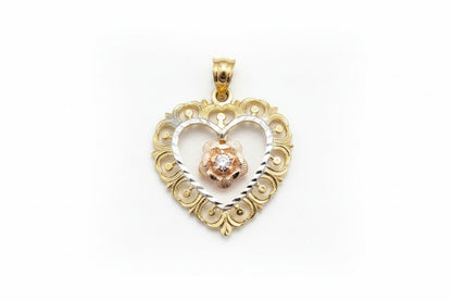 14k Yellow Gold heart Pendant with rose gold rose 1.3 dwt